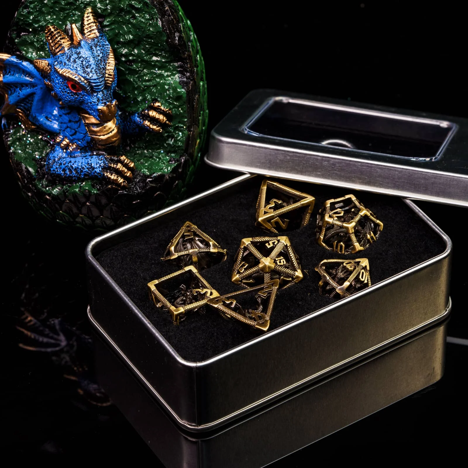 Dés DND Métal Dragon Cusdie - Lot De 7 Dés Polyédriques, Sac Cuir Inclus