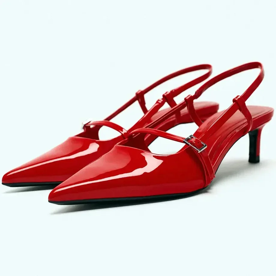 Sexy Pointed Toe Sandals Women Summer Red Thin High Heels for Women Patent Leather Back Trip Strap Mules Wedding Pumps