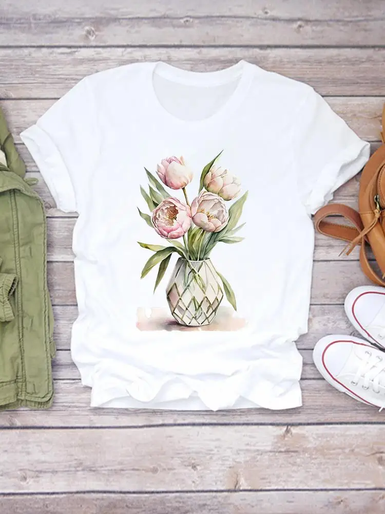 

Модная женская футболка с милым цветочным принтом, модная женская футболка с мультяшным принтом, футболка с коротким рукавом и принтом, Повседневная футболка с графическим принтом