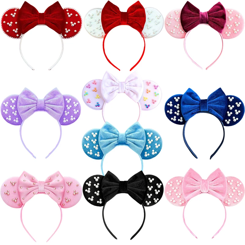 

Disney White Pearls Mickey Mouse Ears Headbands for Women Colors Soft Cotton Bow Hair Accessories Girl Minnie Hairband Kids Gift