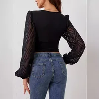 Lantern Sleeve Patchwork Pleated V-neck Shirt 2