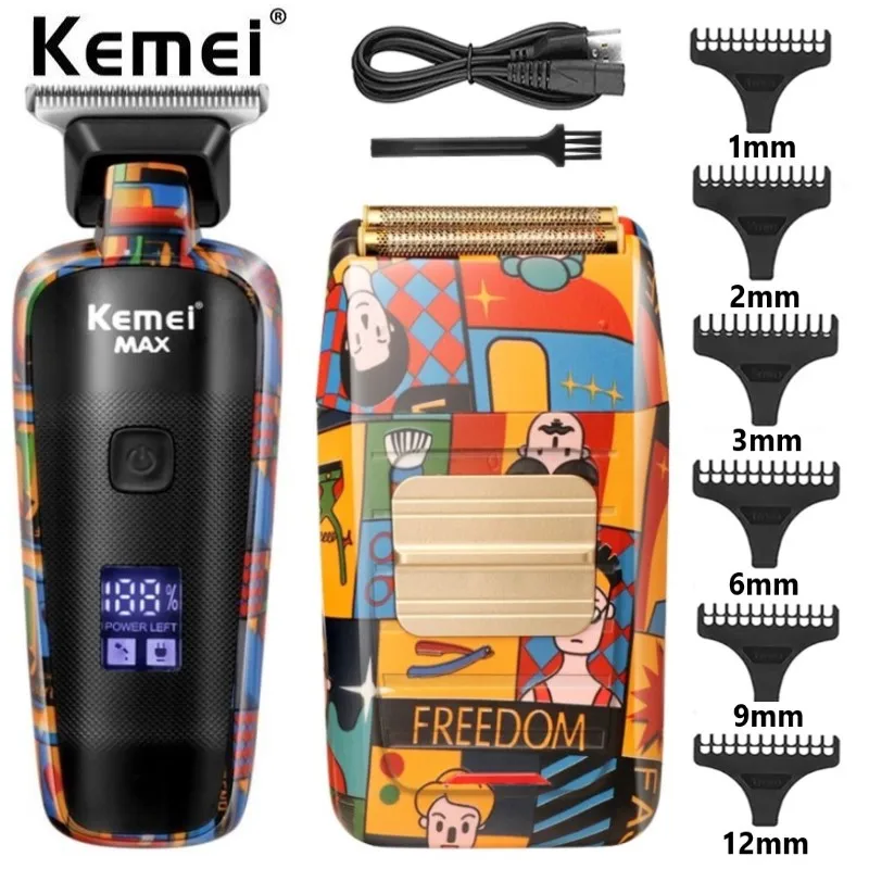 Kemei Professional Men Barber Hair Clipper Rechargeable Fashion Graffiti Electric Finish Cutting Machine Beard Trimmer Shaver 50pcs cartoon sewing machine stickers sewing tools ruler scissors suitcase skateboard graffiti laptop luggage graffiti stickers