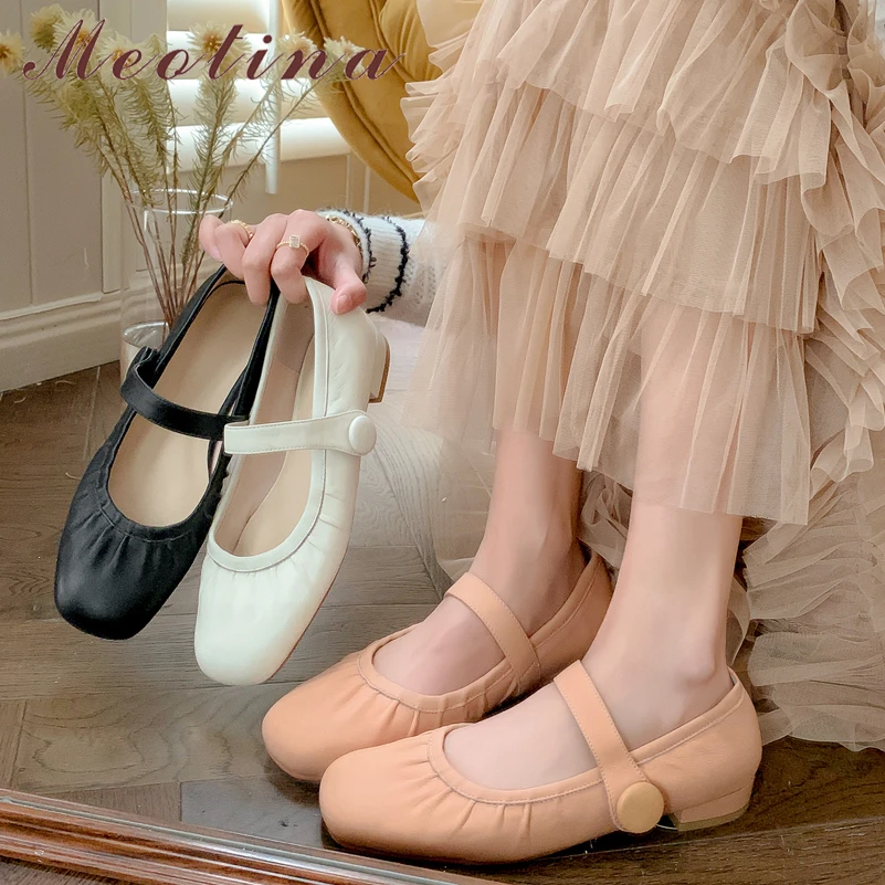 

Meotina Women Genuine Leather Round Toe Ballet Flats Shallow Pleated Ladies Fashion Casual Shoes Spring Summer Beige Apricot 40