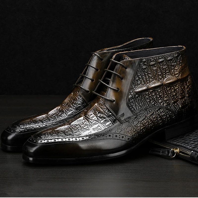 Phenkang Men's Genuine Leather Crocodile Pattern Winter Rubber Ankle Chelsea Boots Brogue Flat Safety Dress Shoes Handmade