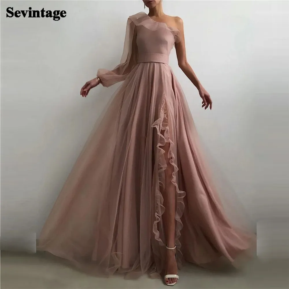 

Sevintage Elegant Organza Evening Dresses One Shoulder Side Slit With Ruffles Formal Women Prom Gown Special Occasion Dresses