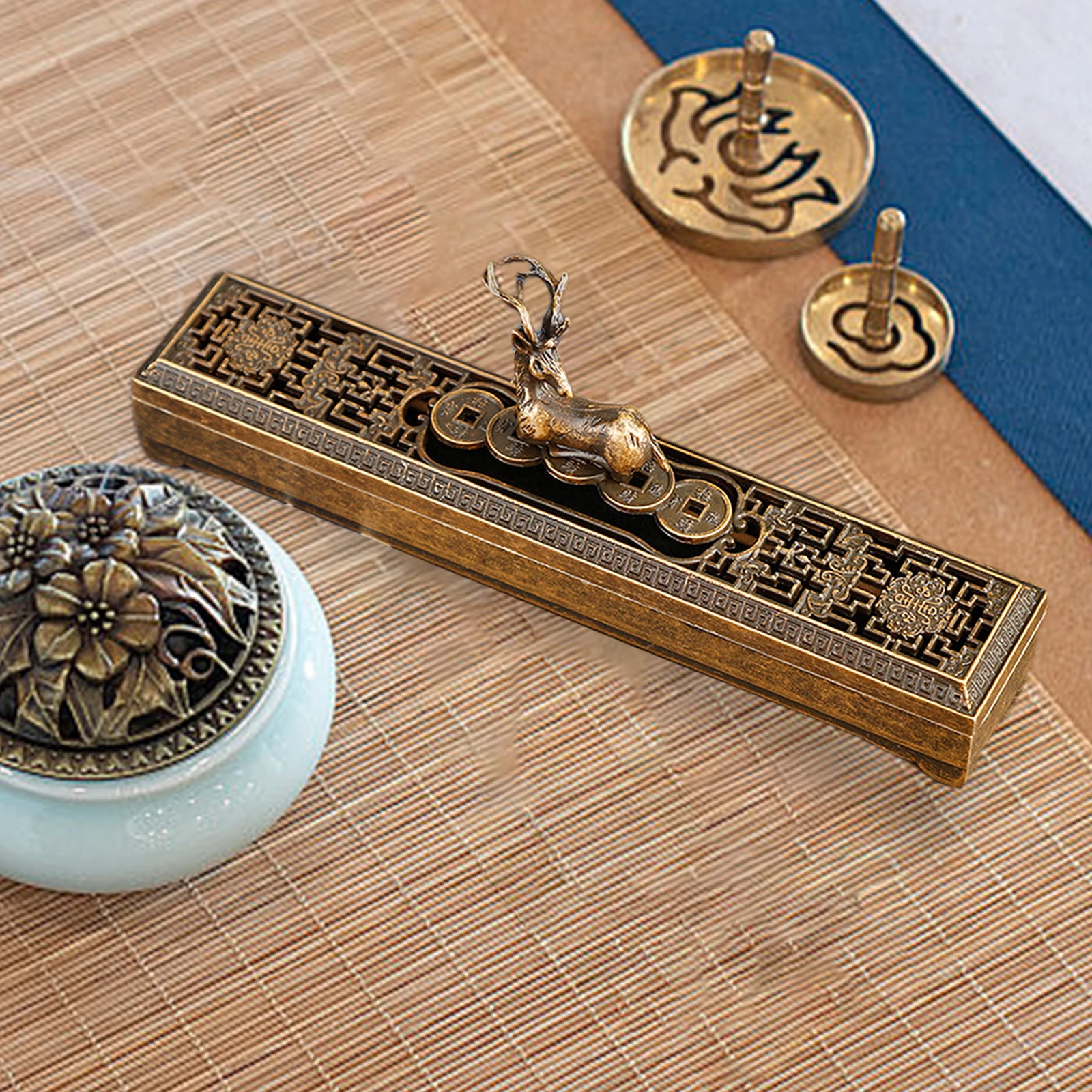 Ceramic Incense Burner Bowl With Brass Lid & Fire Mat - Home Decor, Yoga, Meditation Holder