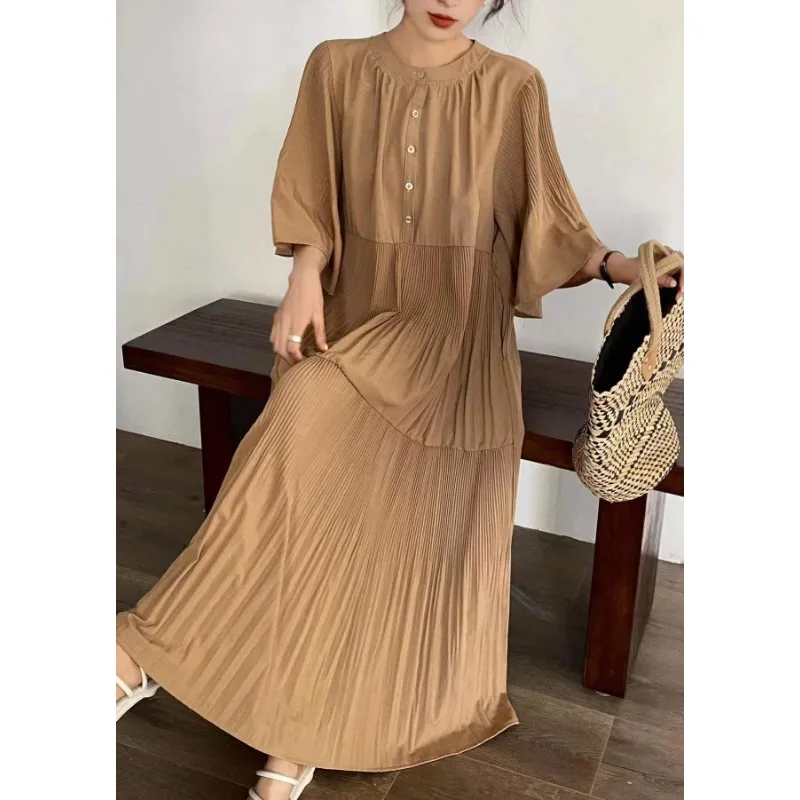 

Новинка лета 2023, платья для женщин, однотонное свободное Плиссированное длинное платье в Корейском стиле, уличная одежда, винтажные повседневные Элегантные женские платья
