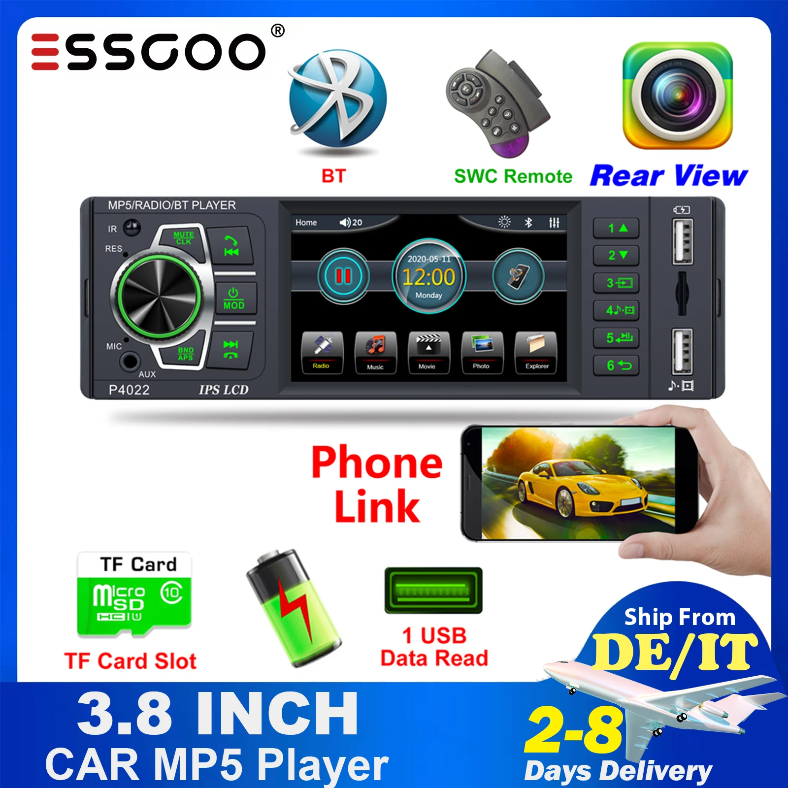 ESSGOO Car Radio 1 Din MP5 Player 3.8 Inch IPS Screen Autoradio Stereo FM Bluetooth Mirror Link Microphone Rear View Camera