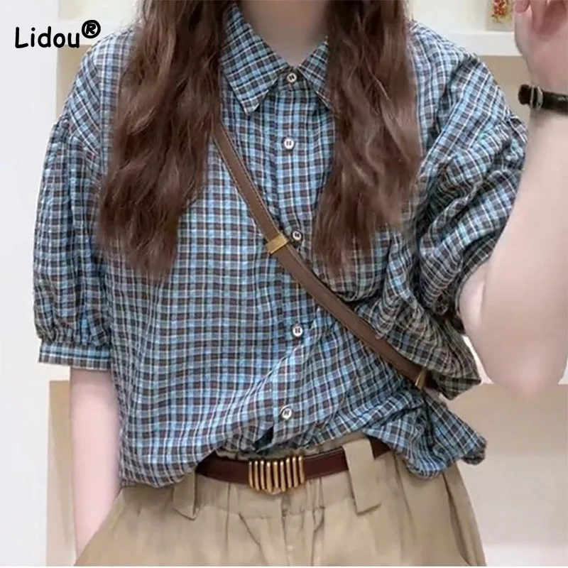 Vintage Hong Kong Style Polo Neck Bubble Sleeve Plaid Shirt Summer Clothes Versatile Fashion Turn-down Collar Button Blouse