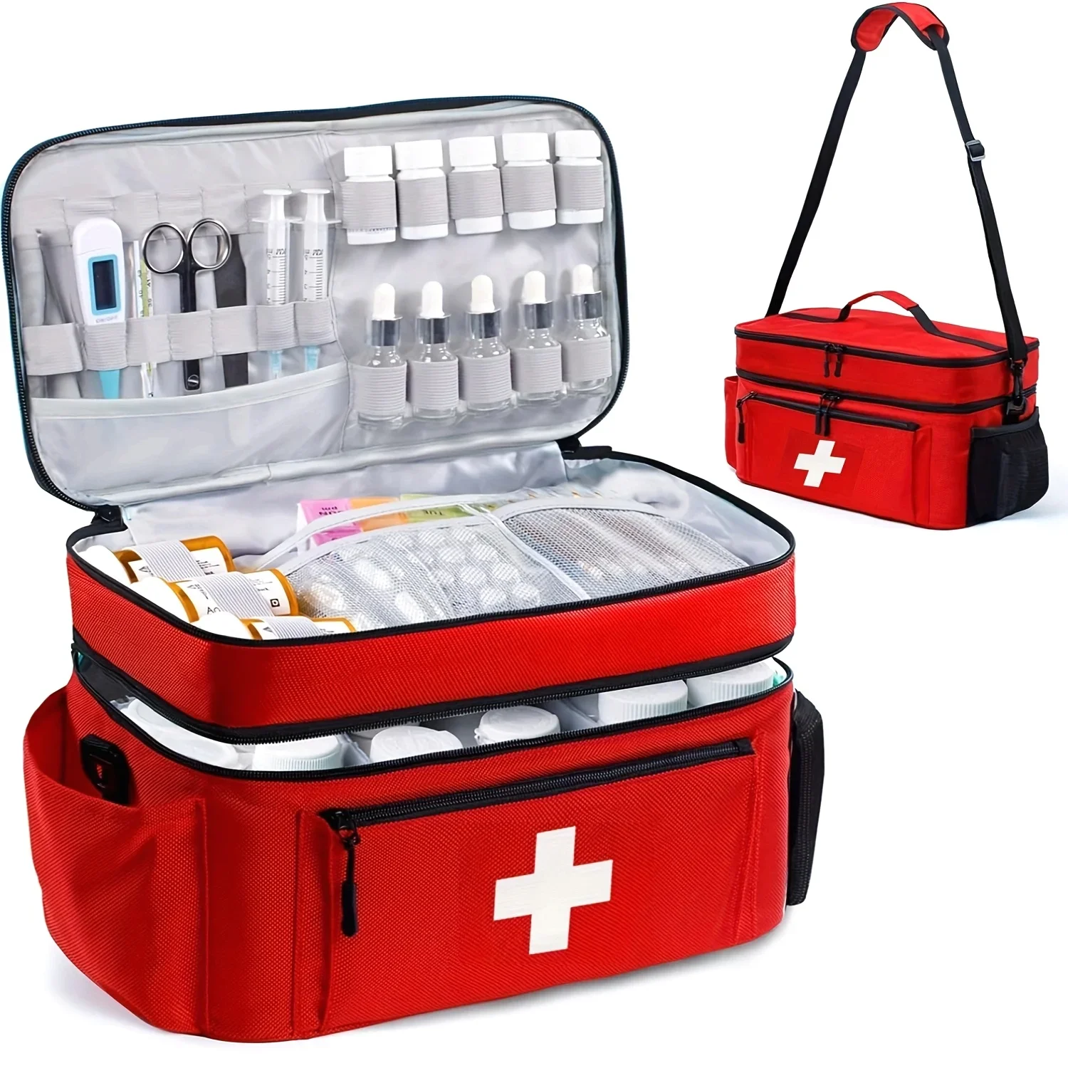 Large capacity travel medicine storage bag, portable emergency kit, double-layered design, front pouch, multiple ways to carry.