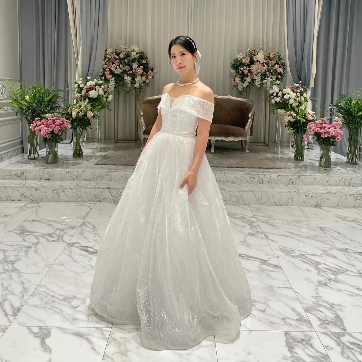 

GIOIO Off Shoulder Korea Garden Wedding Dress Pleat Short Sleeves Formal 프롬드레스 Floor Length Elegant Prom Gown Party Women Bride