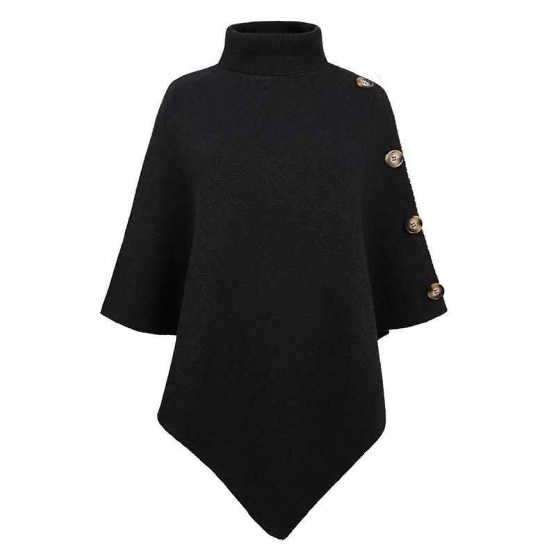 

Fashion Autumn Winter Button Poncho Women Sweater Oversized Turtleneck Jumper Knitwear Holiday Vintage Cape Sleeve Black Cloak