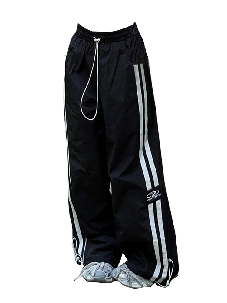 

Black Sweatpants Women Baggy Low Rise Pants Stripe Patchwork Drawstring Jogging Trousers Streetwear Y2k Summer