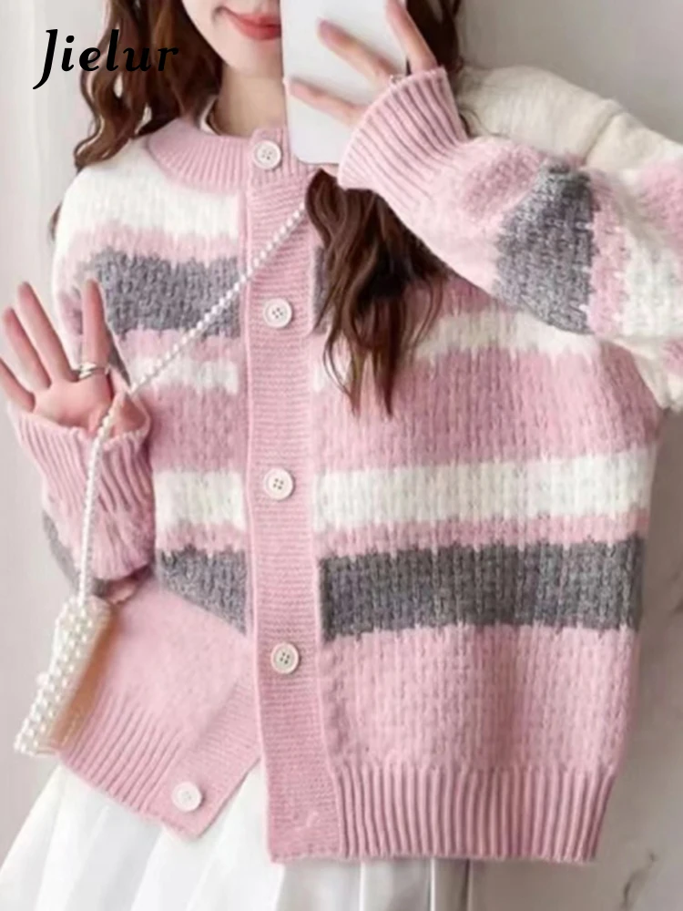 

Jielur Джей Лу свободная полосатая бордовый цвет, сладкая красавица, кардиган, кардиган, набор, шикарный кардиган, уличная одежда.