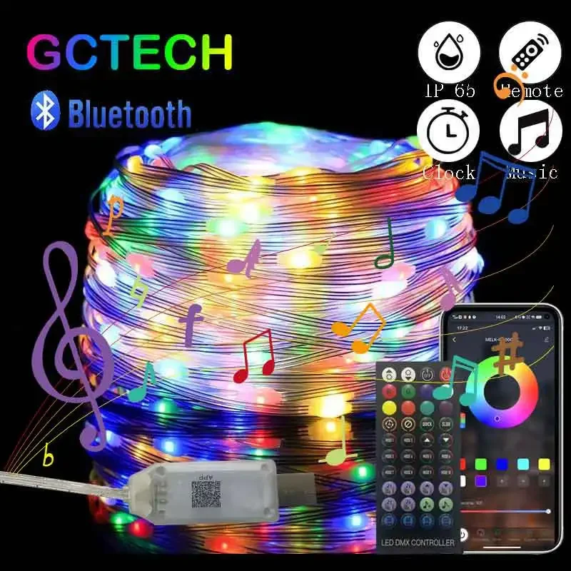 gaming lights led strips 2m for monitor tv backlight behind ambient usb ports smd 5050 rgb colorful music remote 5M10M20M Remote Control Led Lights String RGB Outdoor Festoon Party Leather Line IP65 Bluetooth Music Lamp String Fairy Lights