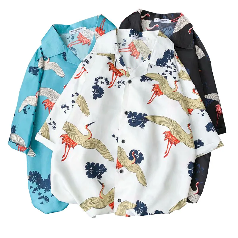 

Fashion Mens Short Sleeve Hawaiian Shirt Fast drying Plus Size Asian Size M-3XL Summer Casual Crane print Beach Shirts For Men