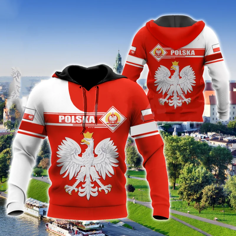 

Polish Men's Hoodie Oversized Apparel Poland National Emblem Print Autumn Long Sleeve Sweatshirt Crew Neck Hoodie