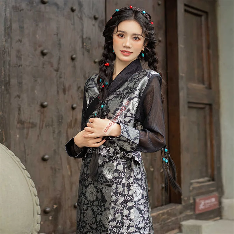 Tibetan Clothing Mix French Style Girl Jacquard Bola Dress Travel Photography Costume Tibet Ethnic Guozhuang Long Robe Lady