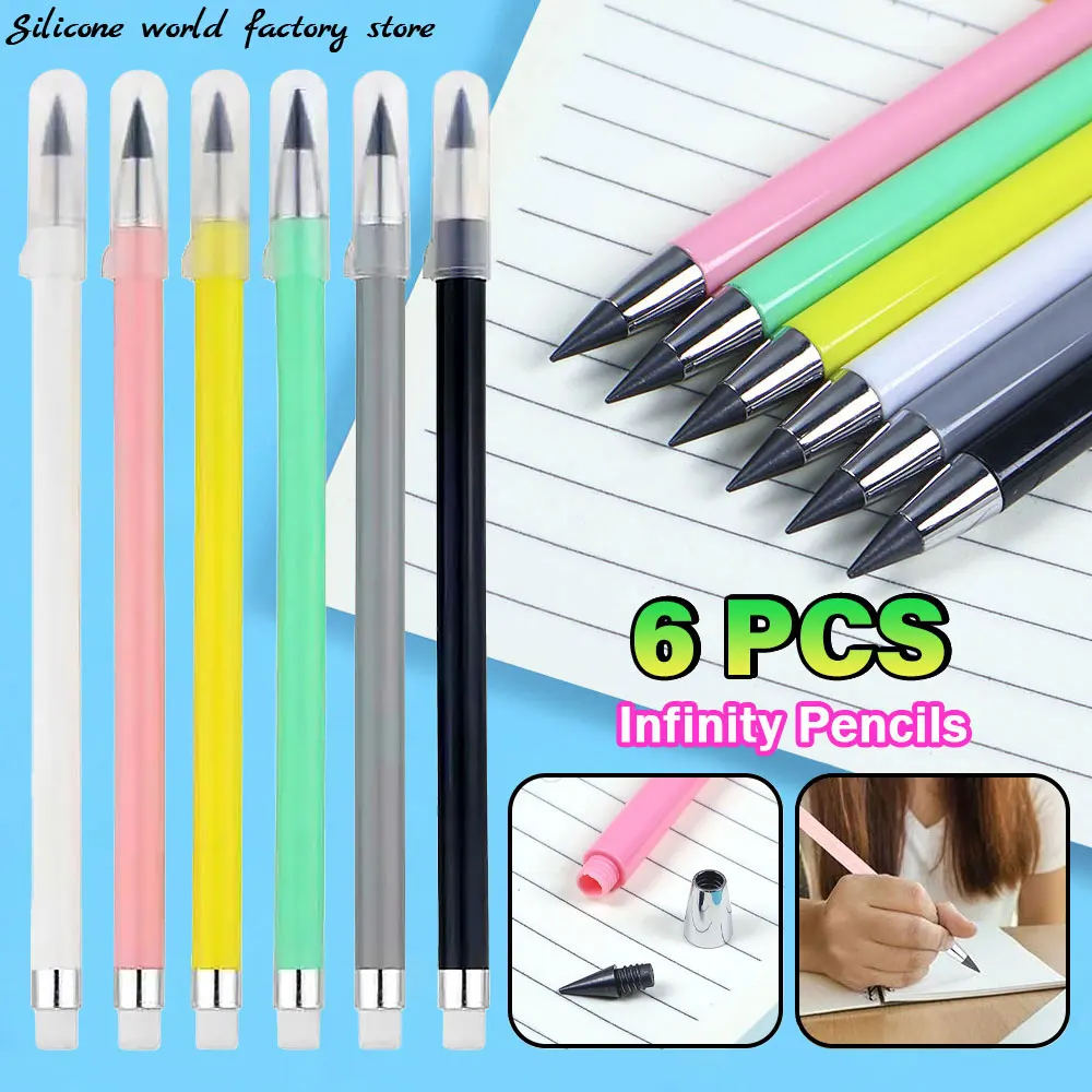 Silicone World 6PCS Inkless Pencil Infinity Pencils Reusable Eternity Pencil for Writing Drawing Students Office School Supplies