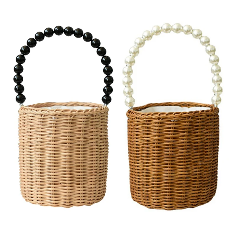 

2 Pcs Flower Girl Woven Flower Basket Pearl Handle For Vintage Rustic Wedding Ceremony Decorative