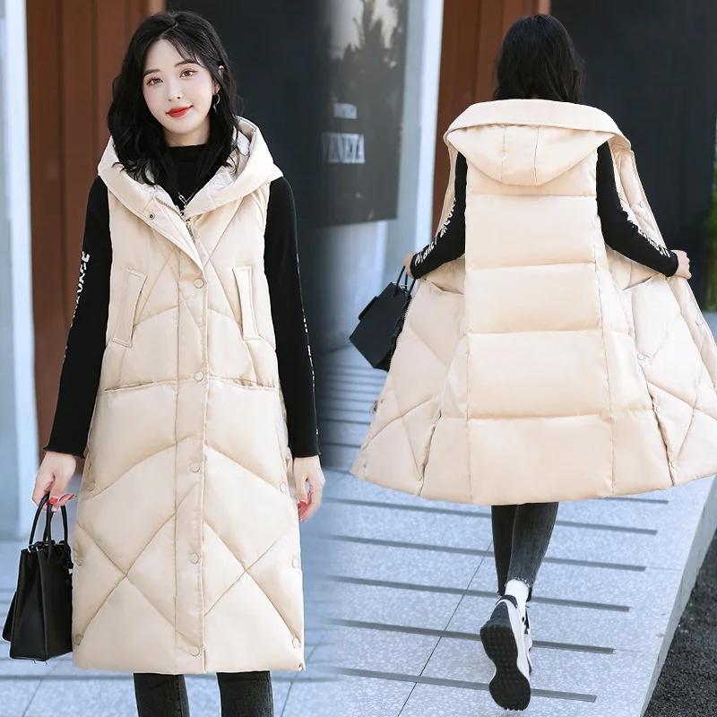 Women's Sleeveless Vest Long Down Jacket Solid Korea Hooded Padded