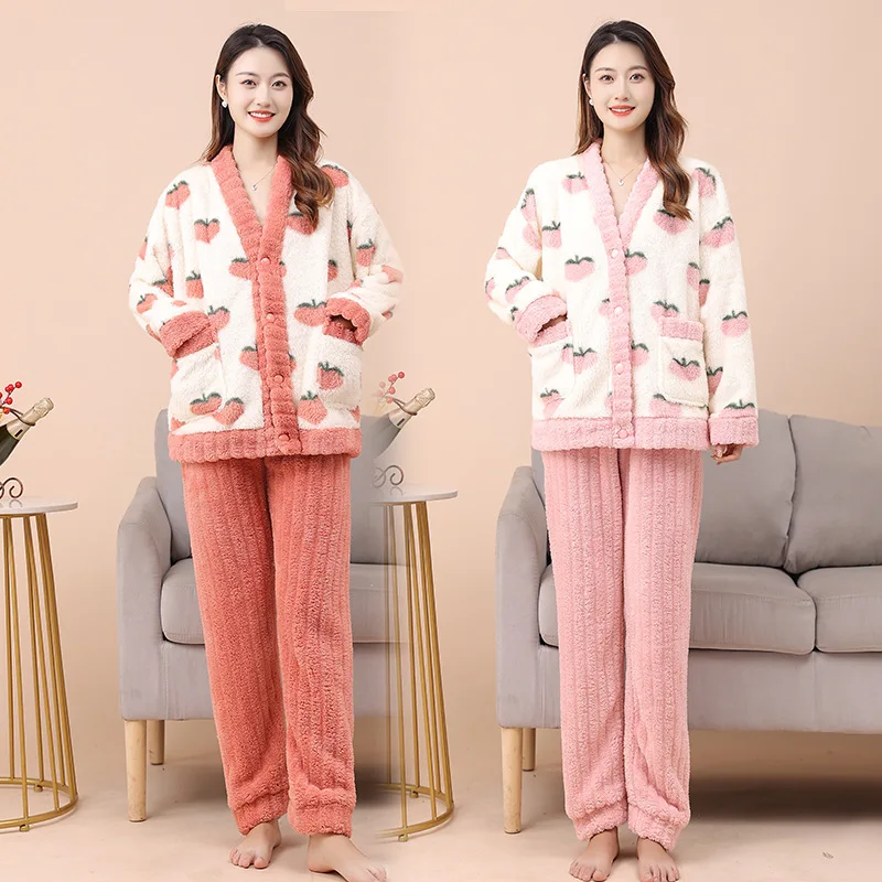 

2 Pieces Set V Neck Kimono Pajamas Women Winter Coral Fleece Sleepwear Female Warm Home Clothes Girl Flannel Pjs Pyjamas Mujer