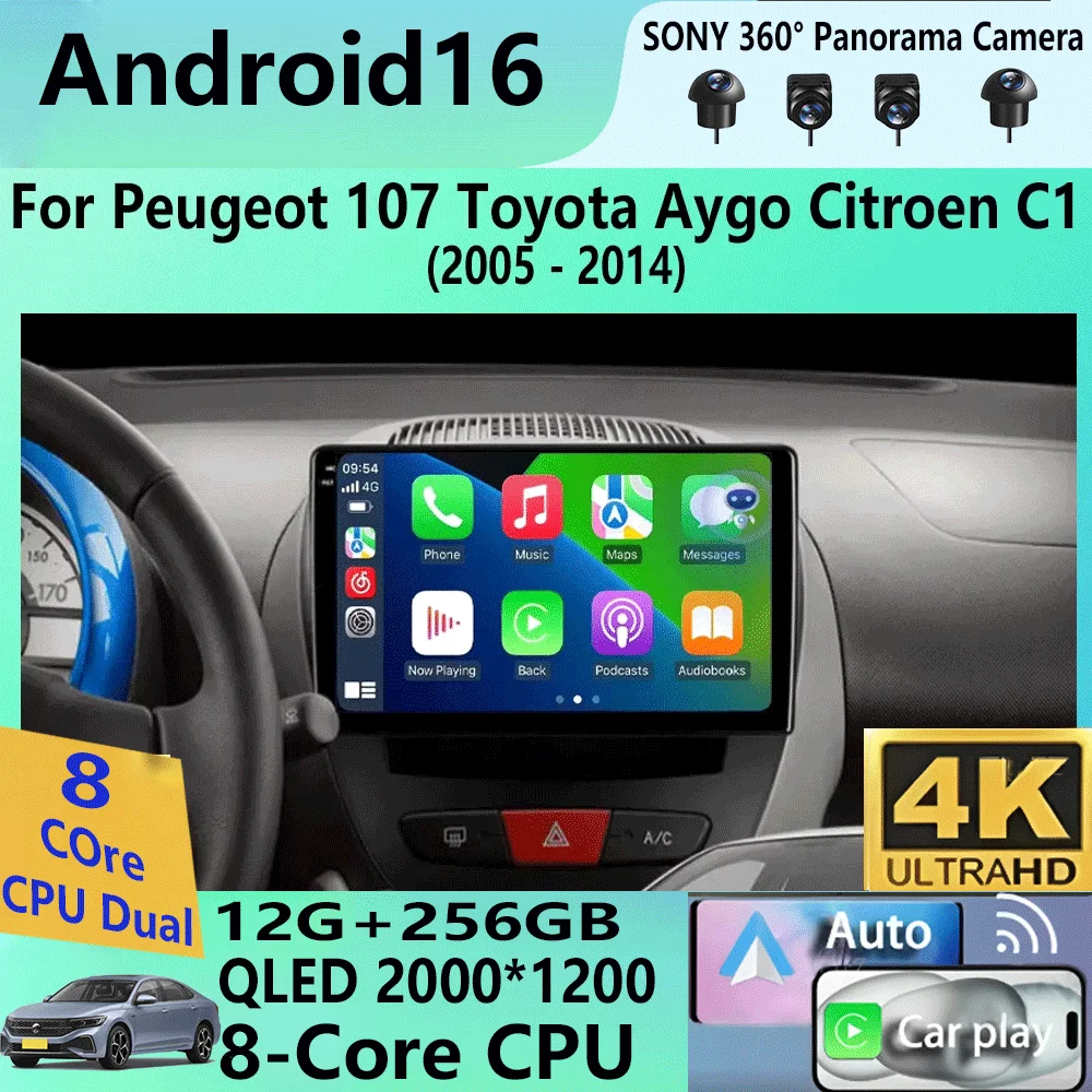 Reproductor Multimedia para Auto Android 16 2 Din para Peugeot 107 Toyota Aygo Citroen C1 2005-2014, Unidad Principal Estéreo con GPS, Navegación y WIFI