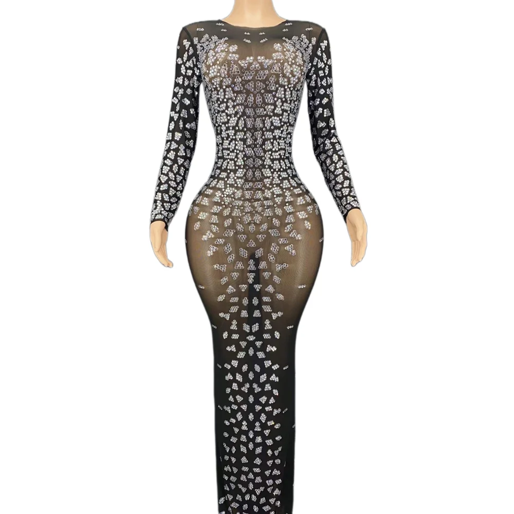 

Perspective Black Shining Rhinestones Sexy Long Sleeves Dress For Women Evening Party Clothing Stage Entertainer Costumes