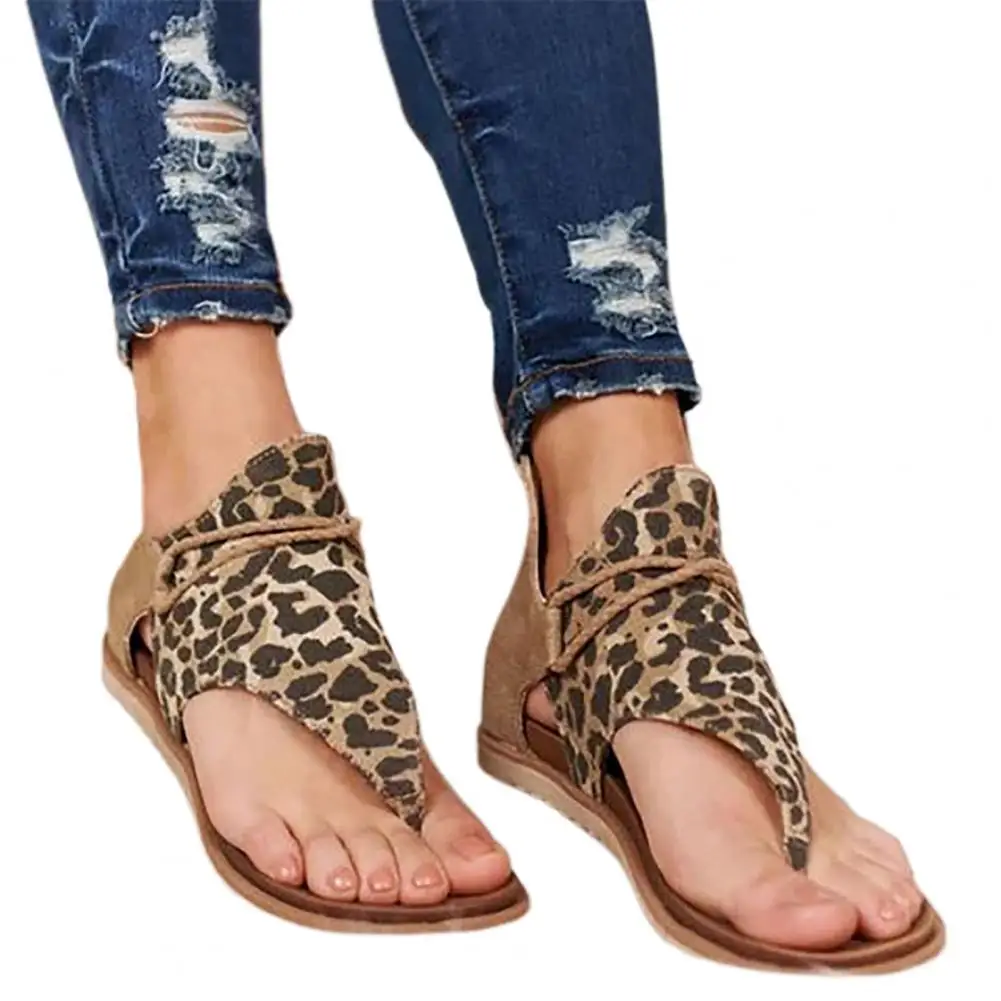 Pair Back Zipper Flats Heel Open Toe Beach Sandals Leopard