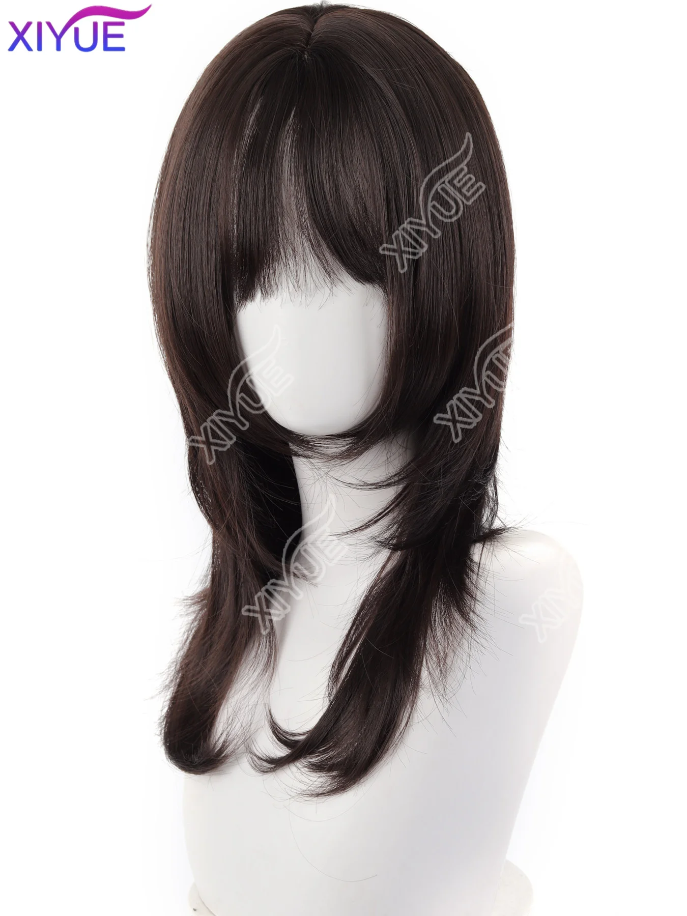 XIYUE Synthetic Brown Black Medium Straight Jellyfish Wig with Bangs Natural Layered Wig Suitable for Women Daily Party ﻿