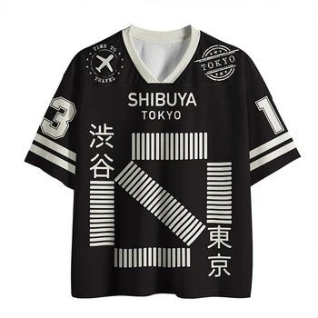 Tokyo Shibuya Street Style Mesh Shirt T-shirt Japanese Letter Printed V-neck Short Sleeve Trendy Brand Top 1