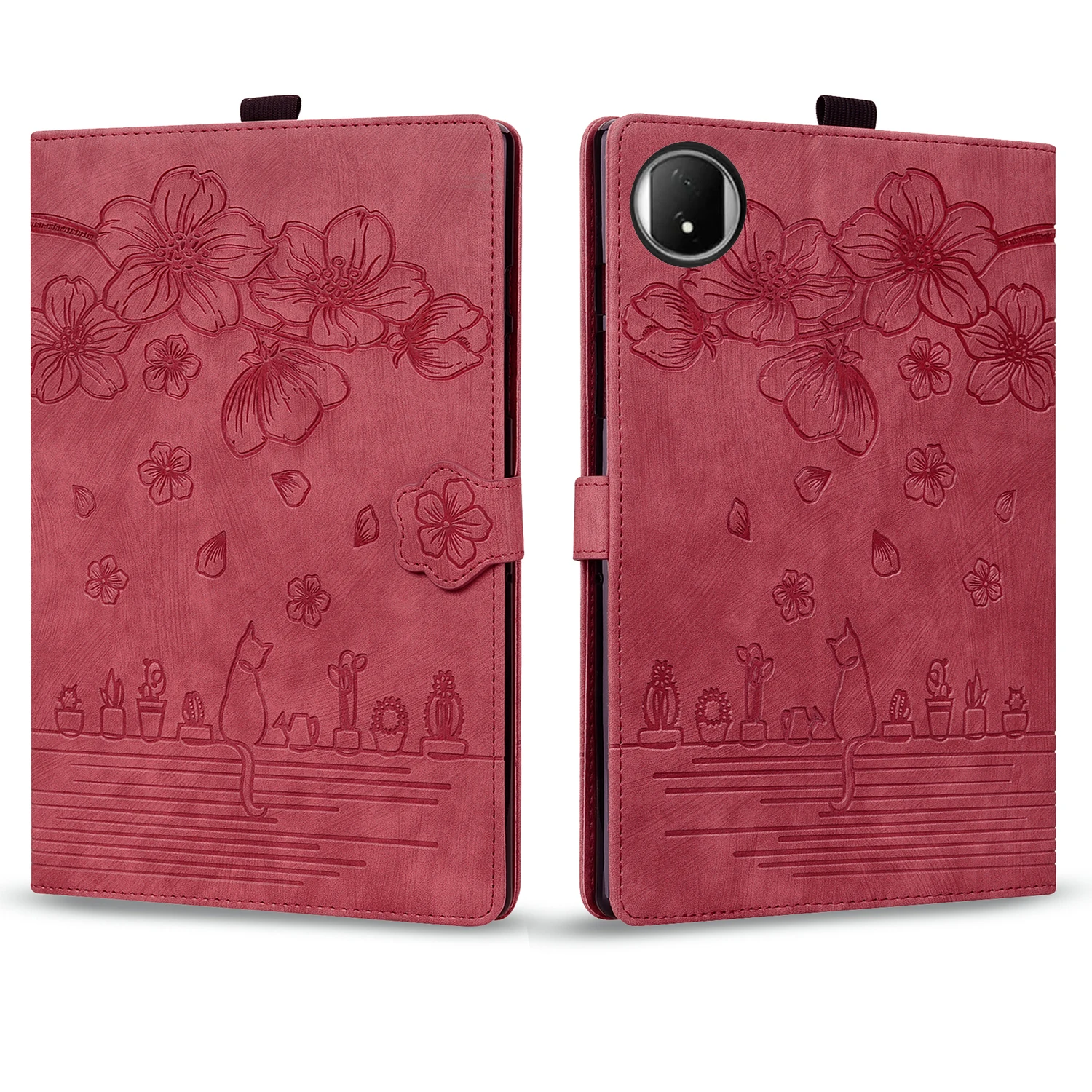 Floral & Cat Embossed 3D Wallet Stand Tablet Case with TPU Back