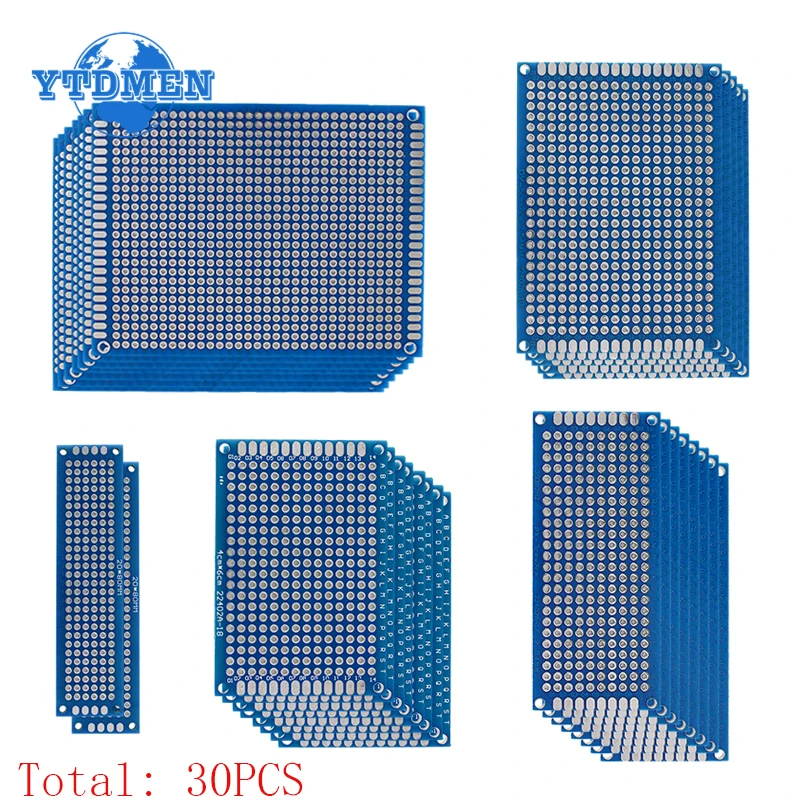 

30PCS Double Sided PCB Board 2x8 3x7 4x6 5x7 7x9cm Breadboard Universal Experiment Blue Prototype Circuit Boards DIY Kit