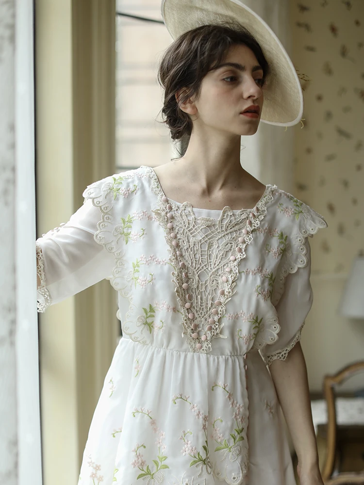 

Summer Original Design Women Mori Kei Delicate Hollow Out Lace Patchwork Embroidery Victoria Vintage White Dresses