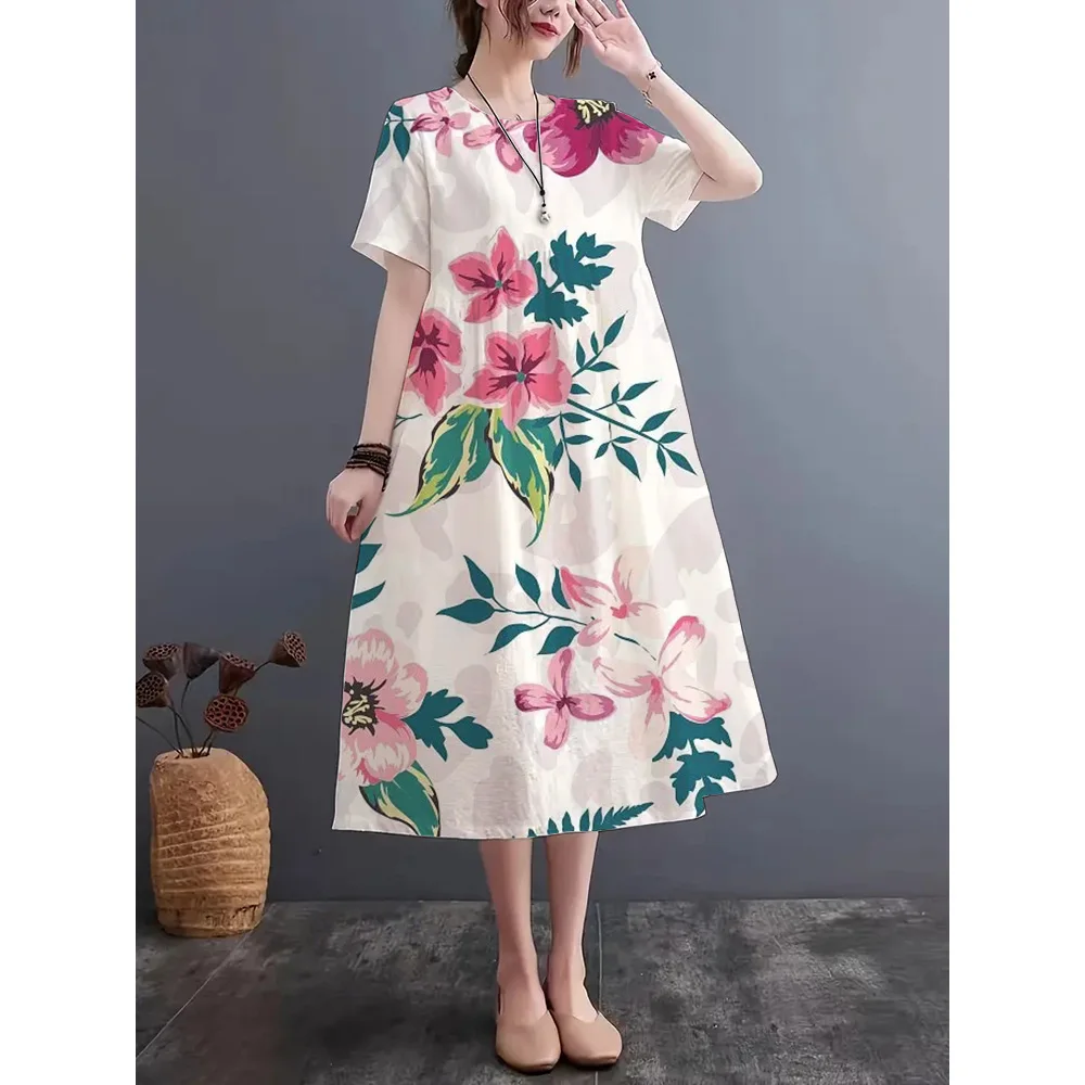 

Summer New Linen-Like Fabric Dress Fashion Printed Round Neck Short-Sleeved Dress Light Breathable S-5XL Loose And Comfortable