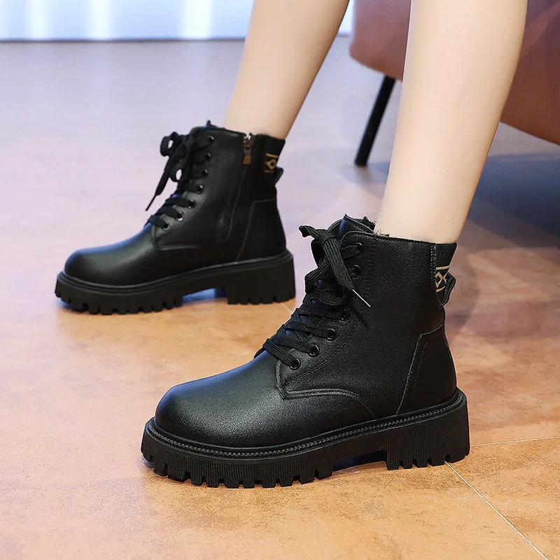 2025 New Fashion Thick Sole Women's Boots Large Size Women's Shoes Black Keep Warm Fleece Platform Lace-up Ankle Boots
