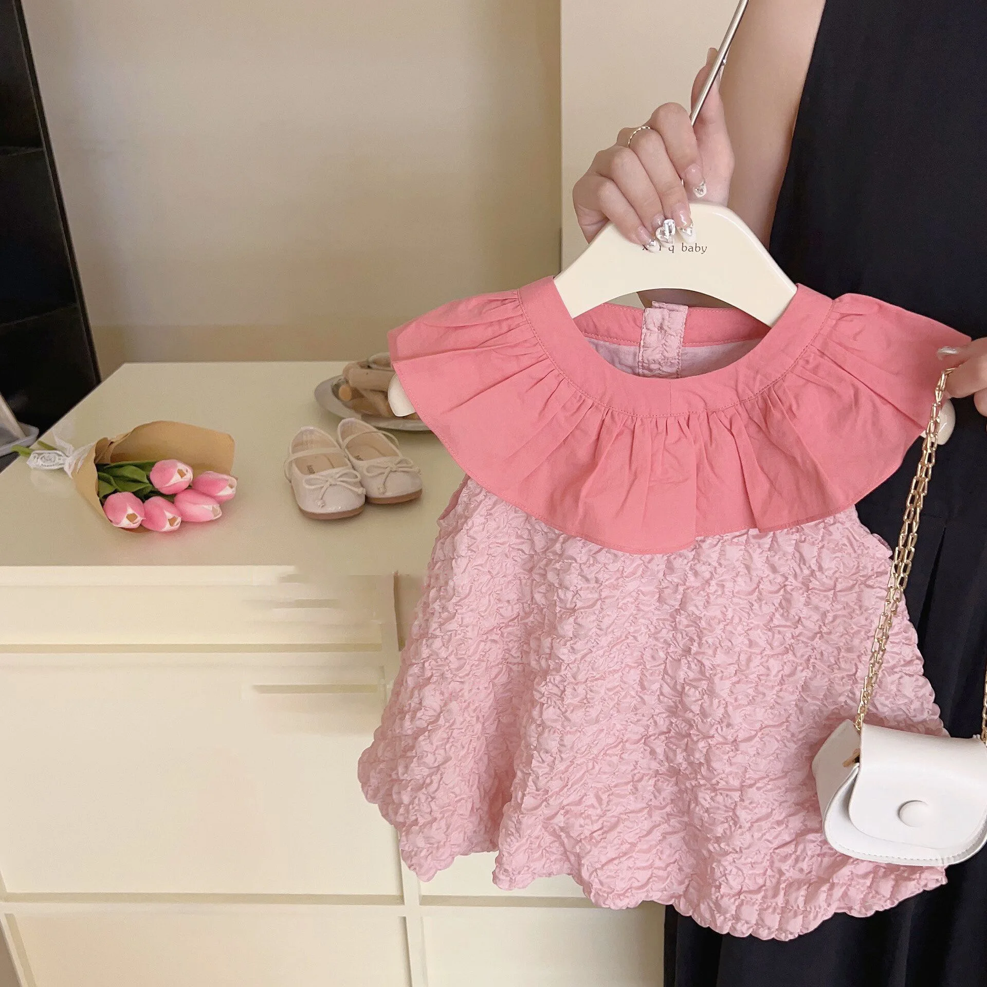 

2-8Y Kids Girls Summer Dress Contrast Color Folds A-Line Vestido Casual O-Neck Sleeveless Children Frocks 2023