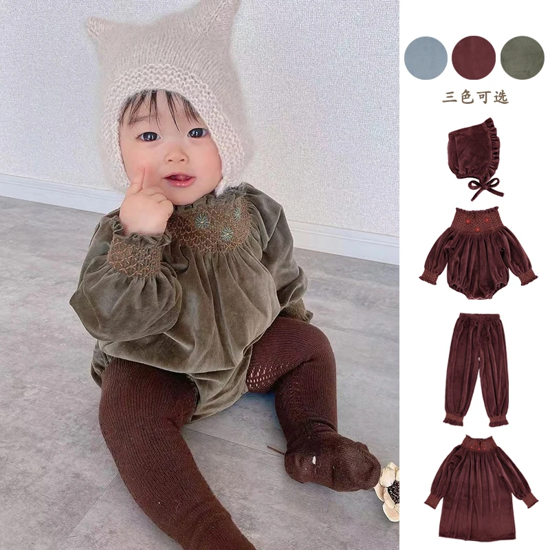 Autumn and winter New bebe-organic Kids Velvet Dress Newborn Birthday Party Velvet jumpsuit Children Long-sleeved dress Baby hat