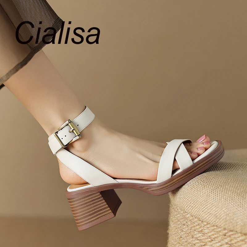 

Cialisa Concise Open-Toed Sandals 2023 Summer Women Shoes Genuine Leather Casual Handmade Ankle Strap High Heels Female Footwear