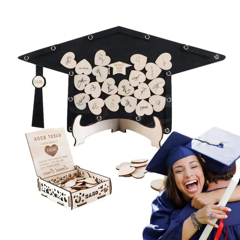 

Graduation Wood Guest Book Bachelor Hat Graduate Party Favor Board Heart-Shaped Cutouts Wooden Sign For Graduation Party