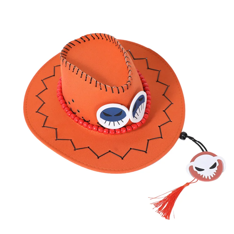 Cosplay Hat Anime Luffy Cosplay Cowboy Cap for Kids Adult Halloween Cartoon Luffy Pirates Hats Accessories Summer Orange Deerskin Velvet Hat