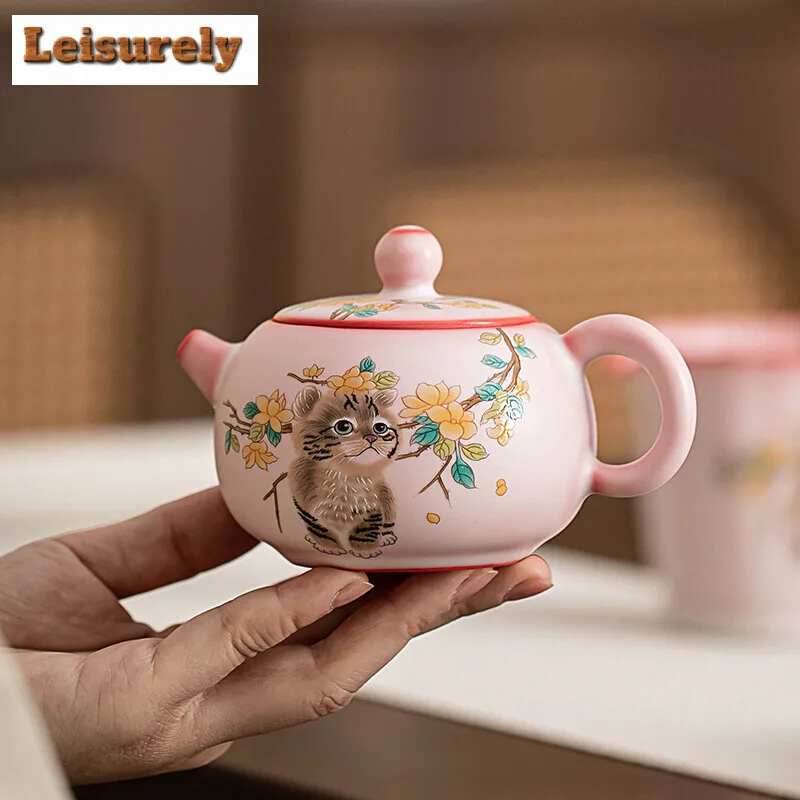 200ml Handamde Lard Jelly Frozen Pink Teapot Yellow Flower Cat Xishi Pot Chinese Tea Brewing Kettle with Ball Hole Filter Teaset
