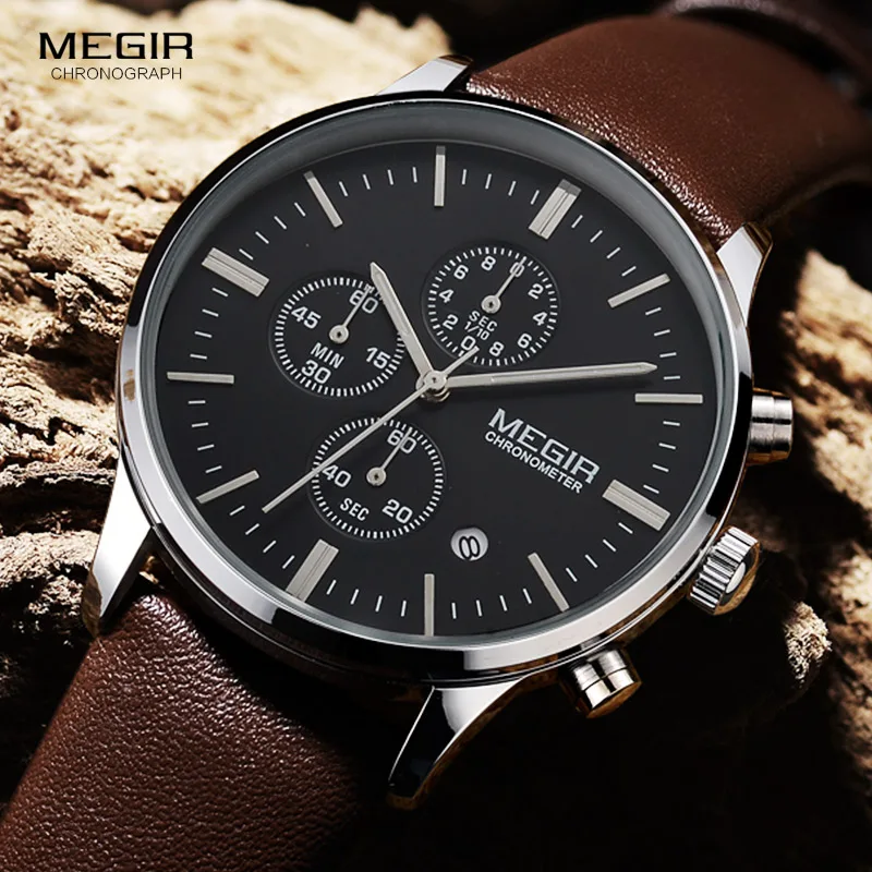 Fashion Megir 2011 Top Brand Quartz Men Luminous Waterproof Sports Watch Man Commercial Genuine Leather Business Wrist Watches - 3