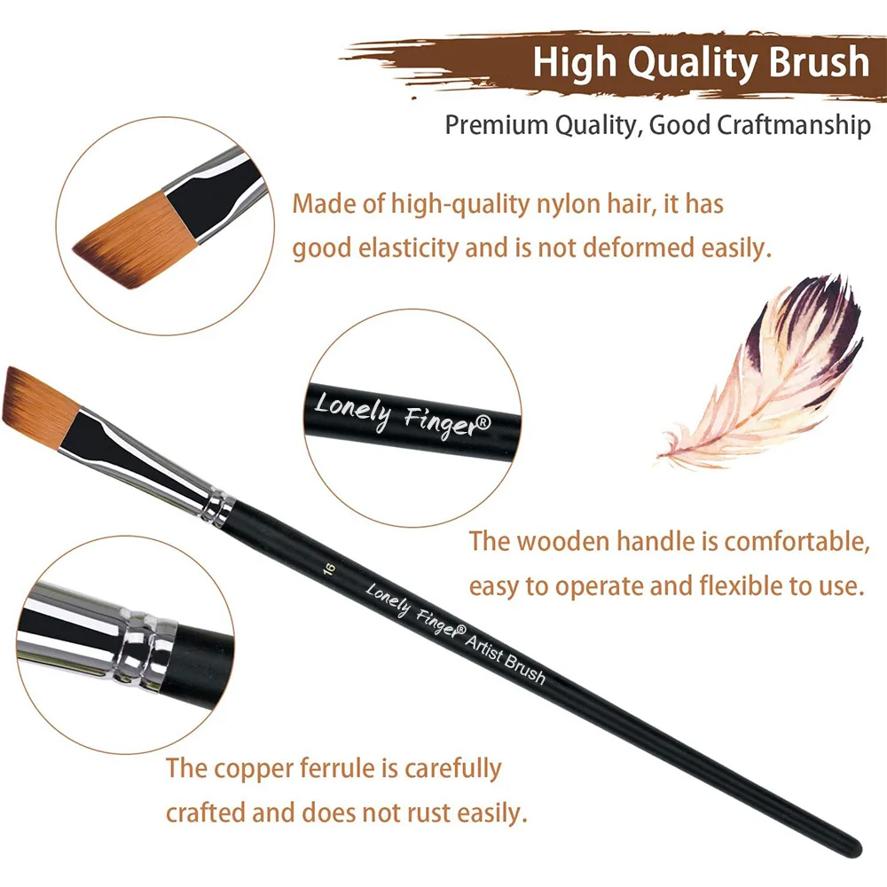 Angular Paint Brushes Set, 9 Pcs Paintbrushes Long Handle for Acrylic Oil Watercolor Gouache Painting Nylon Angle Shader Brush 3