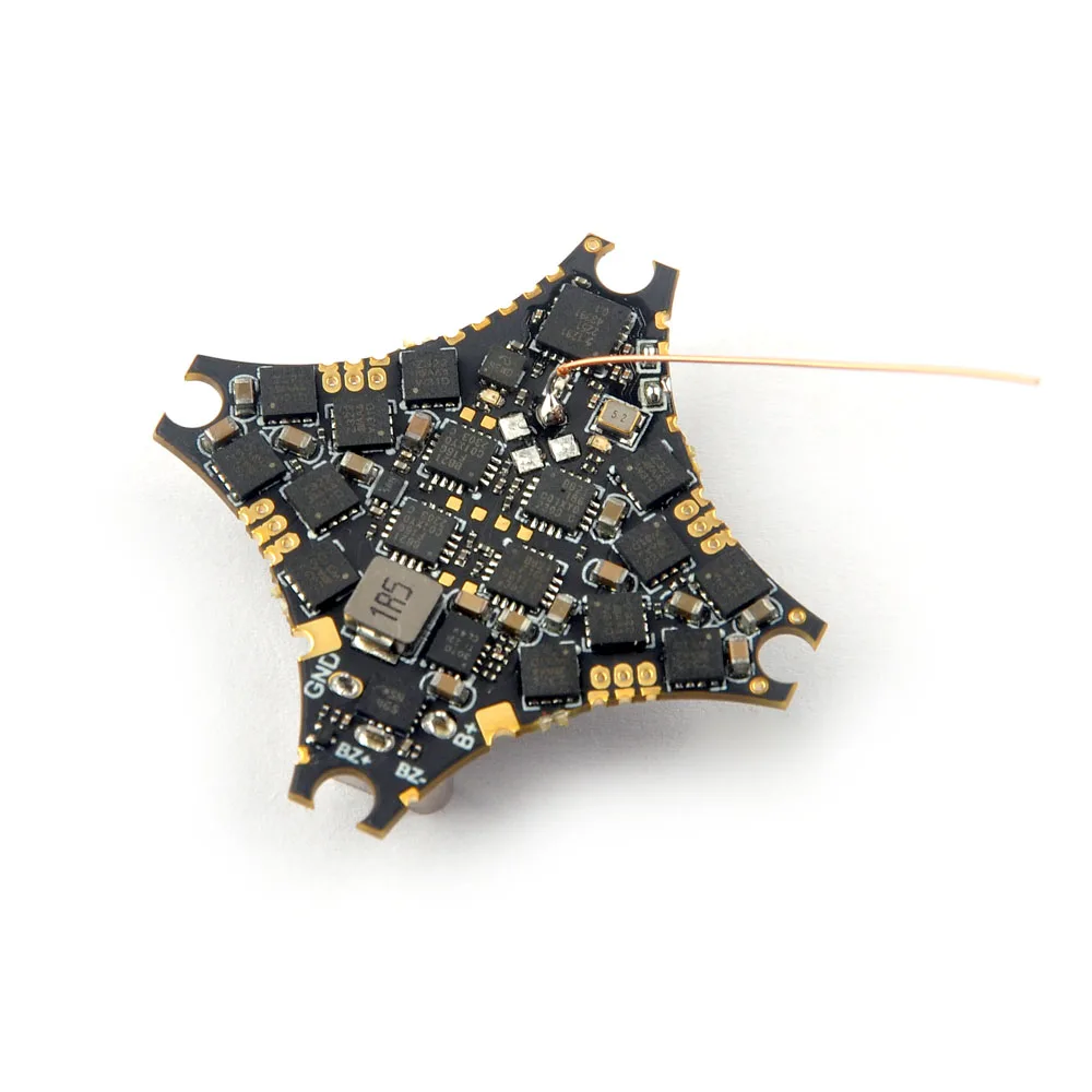 Détail des connecteurs ELRS et des composants du contrôleur de vol AIO HappyModel SuperX HD ELRS 1-2S avec ESC 12A intégré.