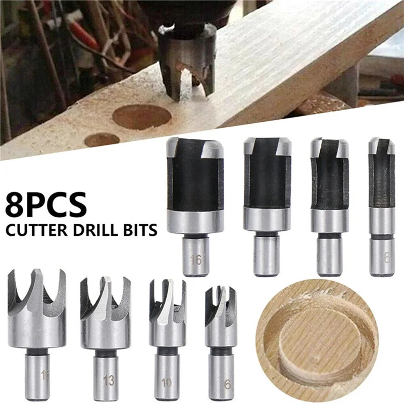 8Pcs Wood Plug Cutter Drill Bit Set Cutting Tool Woodworking Chamfer Drilling 5/8