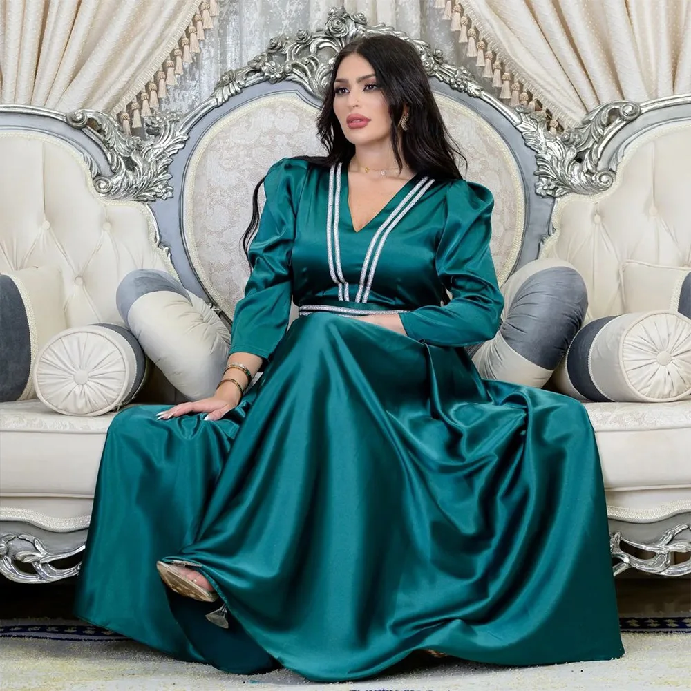 

Wepbel Muslim Gown Abaya Islamic Clothing Robe Caftan Long Sleeve Big Swing Party Elegant Kaftan Glossy V-neck Dress with Belt