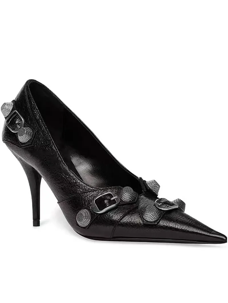 

Pointed Toe Stiletto High Heels Women's Single Shoes Riveted Metal V-neck Vintage Deep Cut Oversized Comfortable Pumps Woman