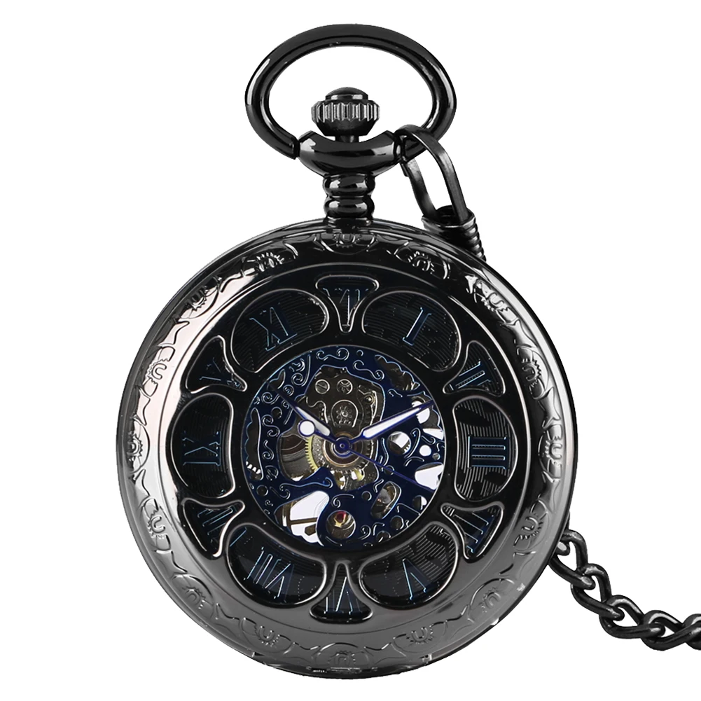 

Blue Roman Numerals Dial Mechanical Pocket Watch Hollow Out Black Watch Cover Antique Style Pendant Manual Pocket Clock Gift Men