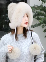 Real Mink Fur Hat with Fox Fur Ball Earmuffs Protective Cap Winter Hat for Women Russian Autumn Hat Fox Fur Beanies Fall Bonnet 1
